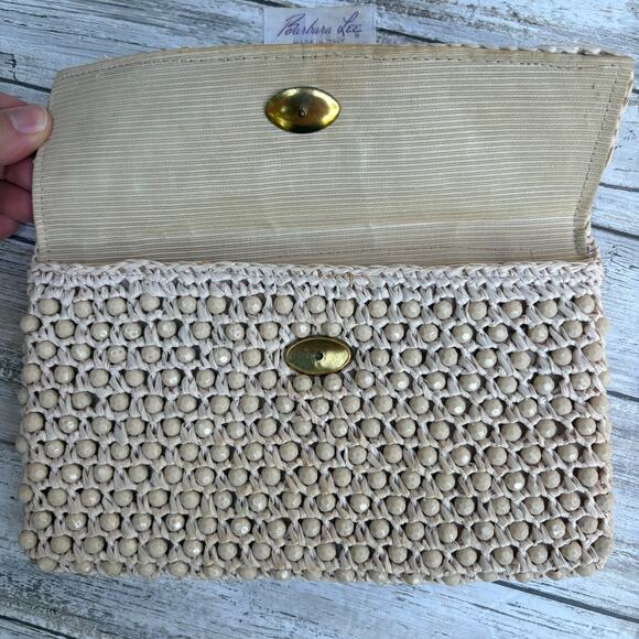 VTG Barbara Lee Purse Cream Beaded Rattan Straw Clutch Small Made in Italy - Picture 4 of 12